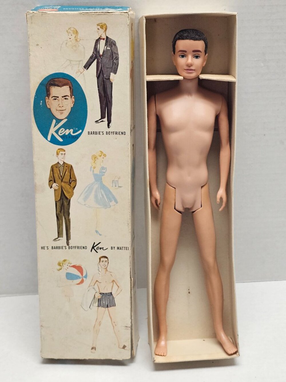 Vintage750 1961 Mattel Ken Doll Barbie Boyfriend Flocked Hair Original Box MCMLX